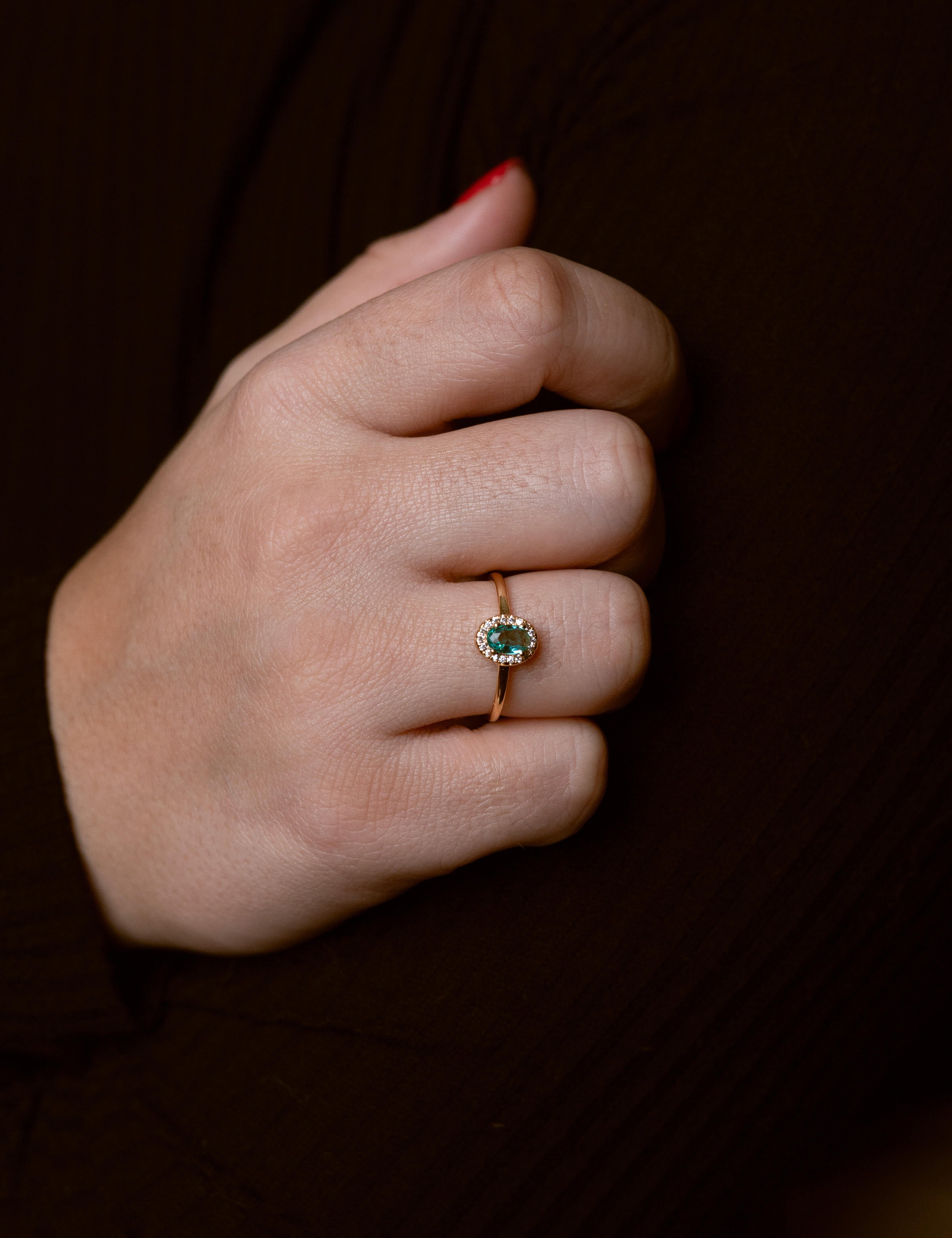 Dainty green zirconia ring with sparkling light green stones on elegant band, versatile Loon Concept jewelry