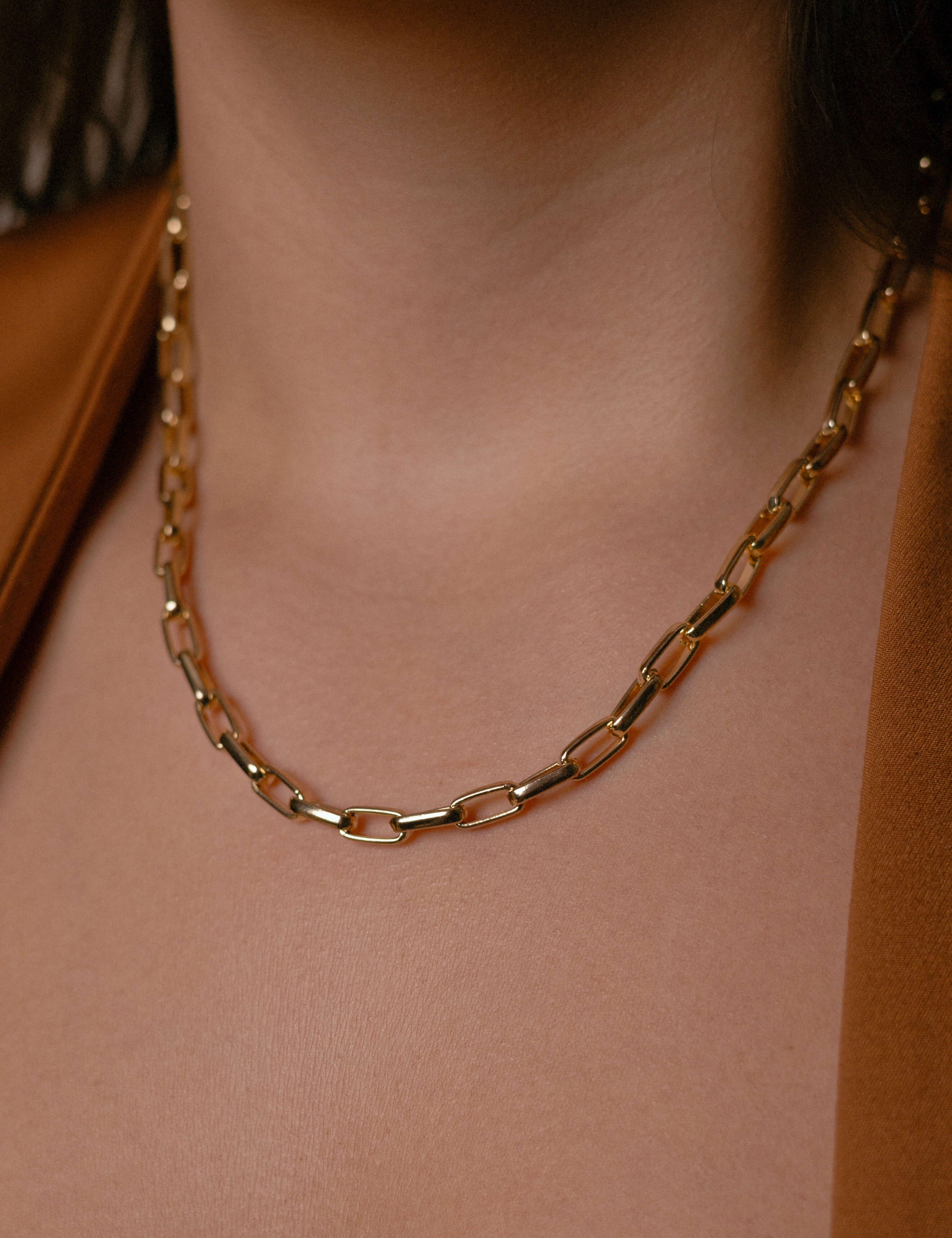 Chunky gold chain necklace with interlinked 18K gold plated links, bold statement jewelry piece
