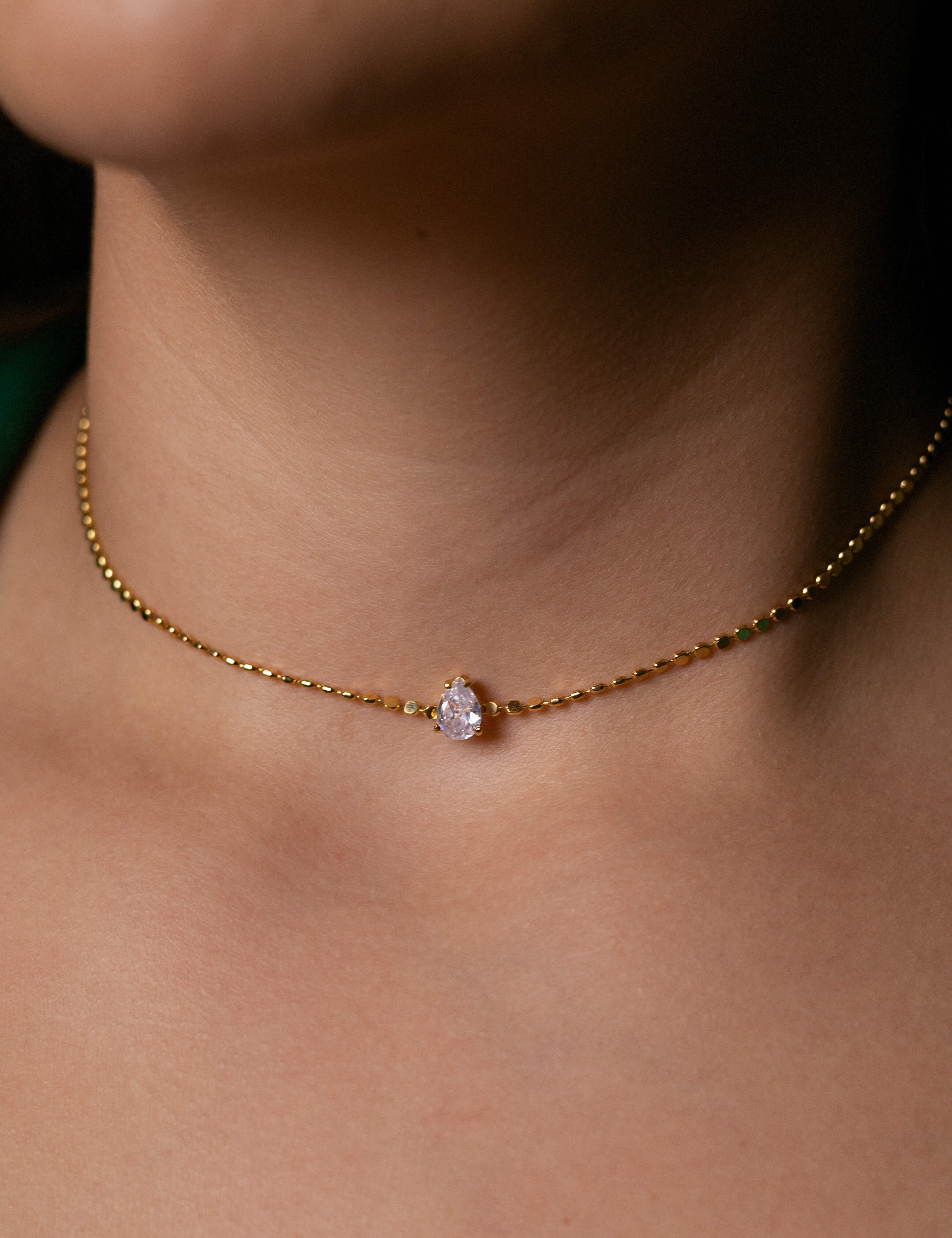 Cubic zirconia choker necklace with small gold dots, 18K gold plated, hypoallergenic and non-tarnishing