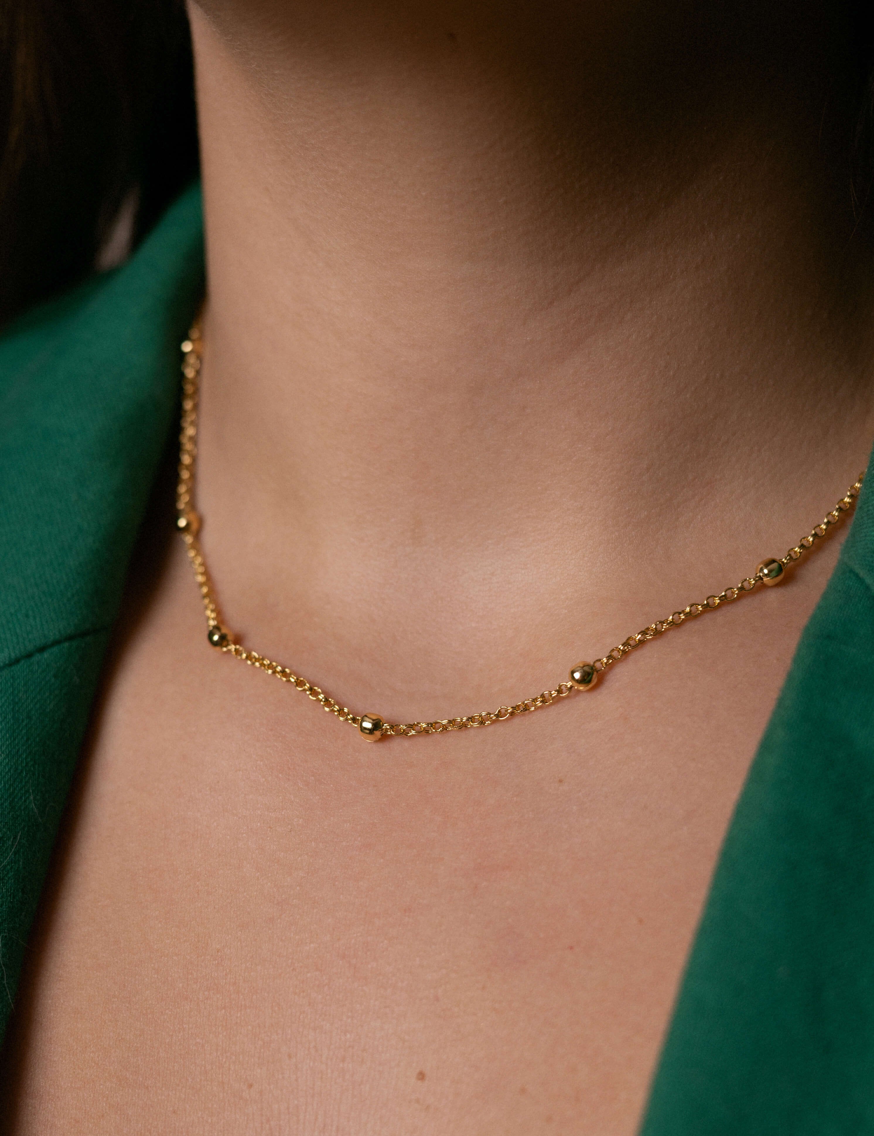 Gold plated necklace with small gold dots, 18K gold plated, hypoallergenic, and non-tarnishing