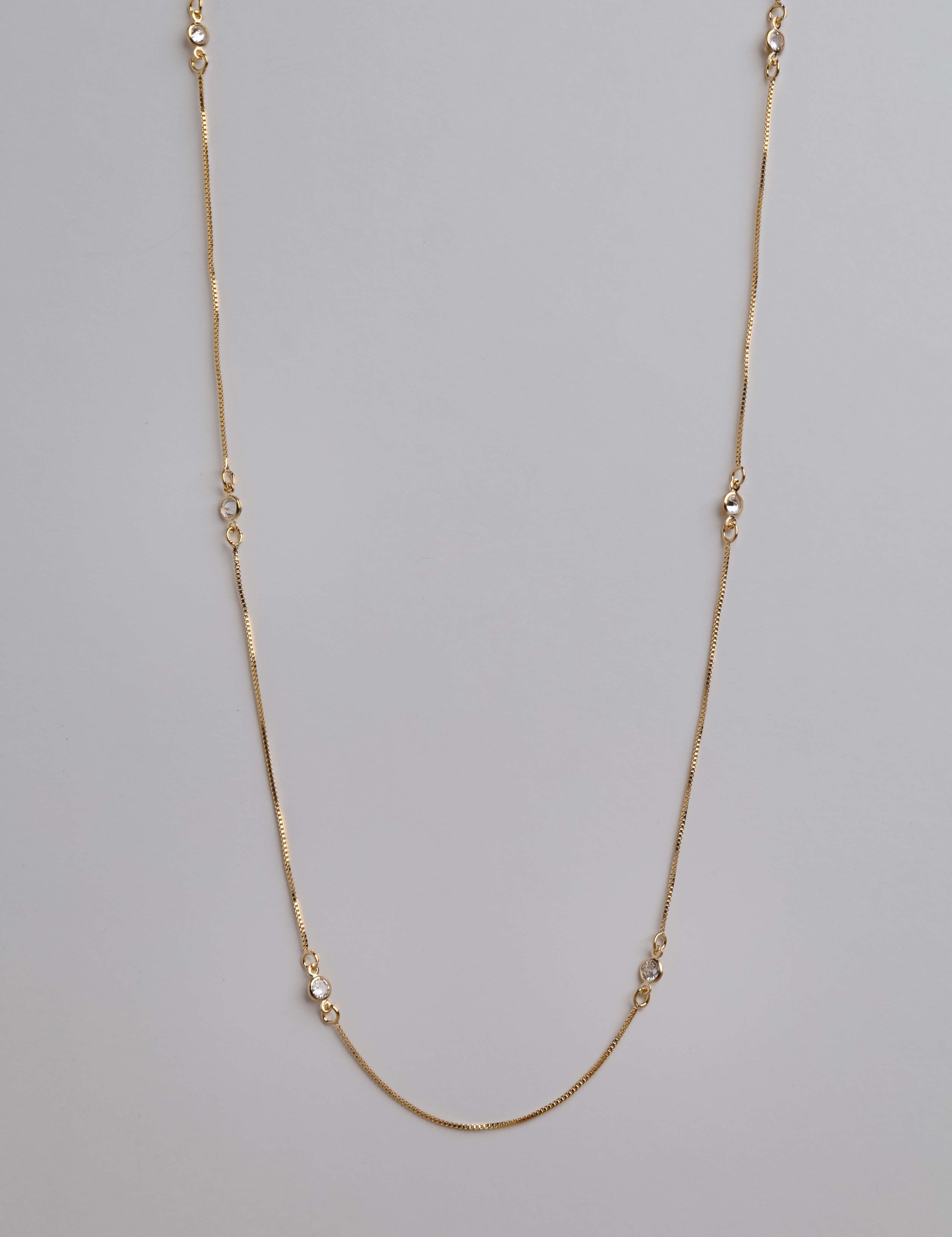 Gold-plated long chain necklace with colorful round crystals