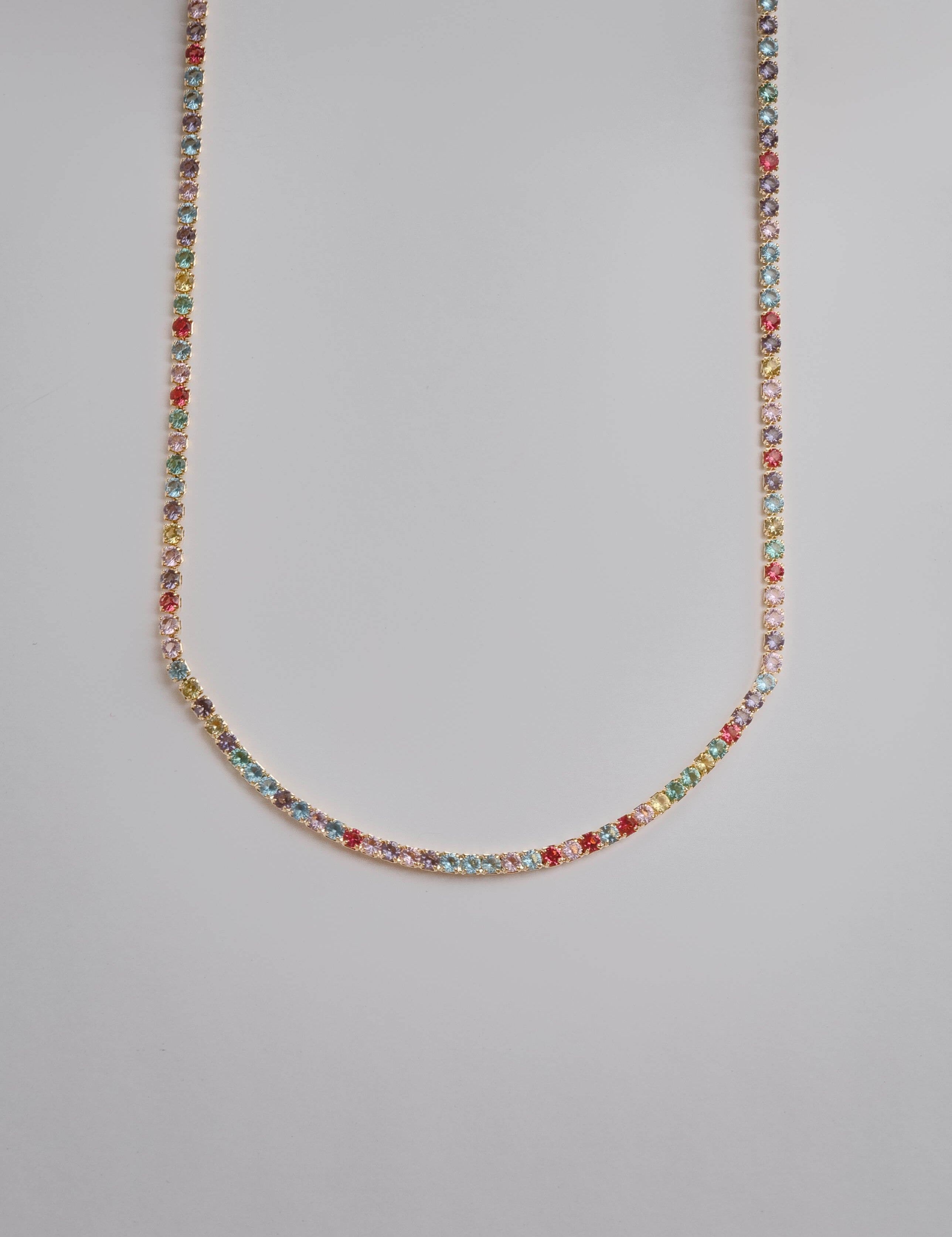 Moissanite tennis necklace with 18K gold plating, featuring dazzling gemstones in a classic design